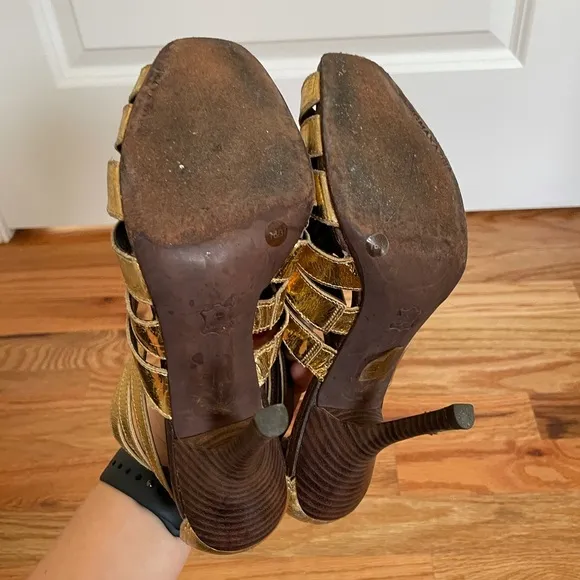 BCBG Max Azria Gold Zipper Runway Sandals