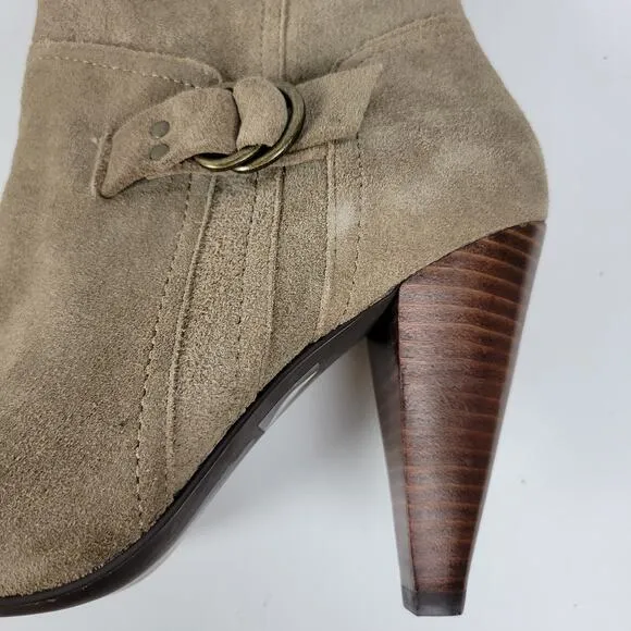 BCBGeneration Boots Womens 7.5 Tan Suede Leather Side Zip Cone Heel Buckle NEW