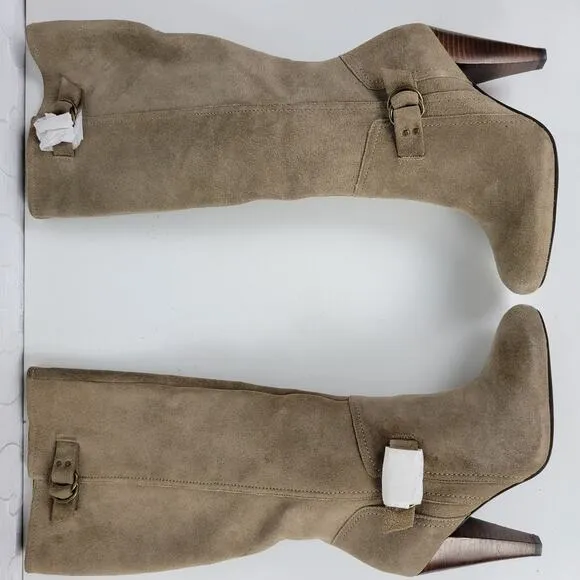 BCBGeneration Boots Womens 7.5 Tan Suede Leather Side Zip Cone Heel Buckle NEW