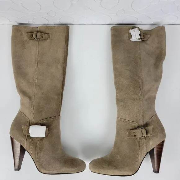 BCBGeneration Boots Womens 7.5 Tan Suede Leather Side Zip Cone Heel Buckle NEW