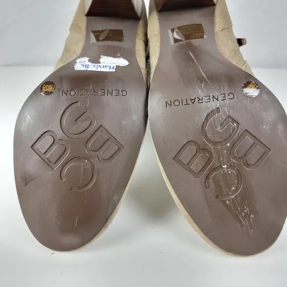 BCBGeneration Boots Womens 7.5 Tan Suede Leather Side Zip Cone Heel Buckle NEW