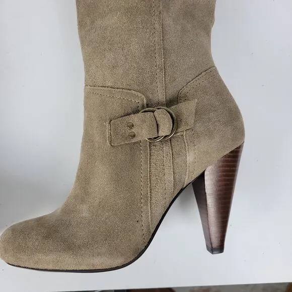 BCBGeneration Boots Womens 7.5 Tan Suede Leather Side Zip Cone Heel Buckle NEW