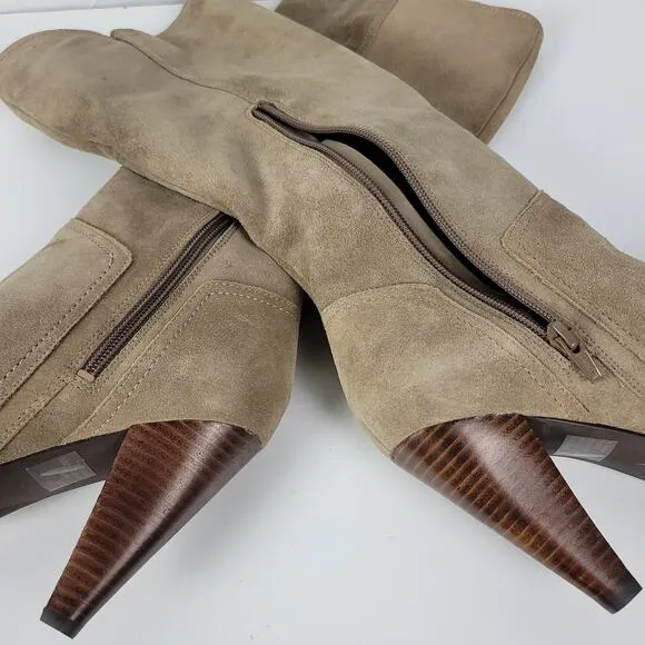 BCBGeneration Boots Womens 7.5 Tan Suede Leather Side Zip Cone Heel Buckle NEW