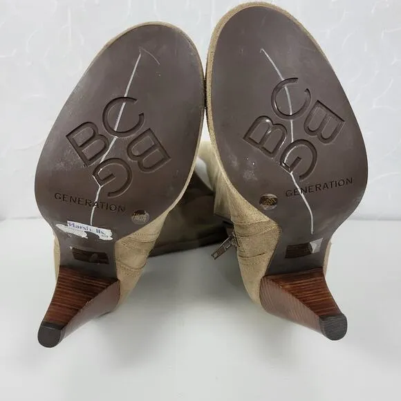 BCBGeneration Boots Womens 7.5 Tan Suede Leather Side Zip Cone Heel Buckle NEW