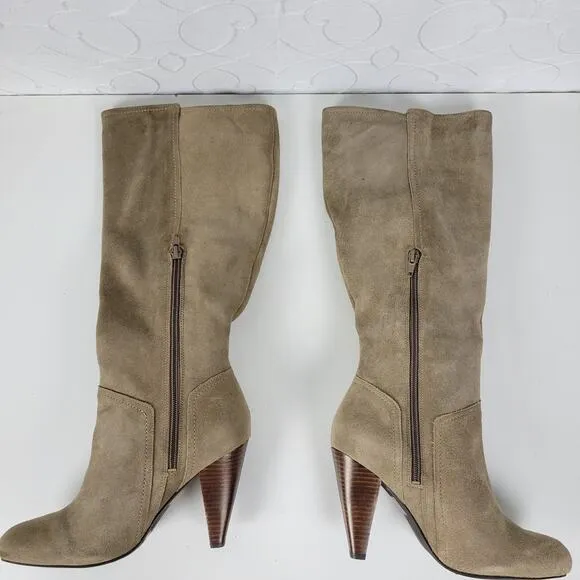 BCBGeneration Boots Womens 7.5 Tan Suede Leather Side Zip Cone Heel Buckle NEW