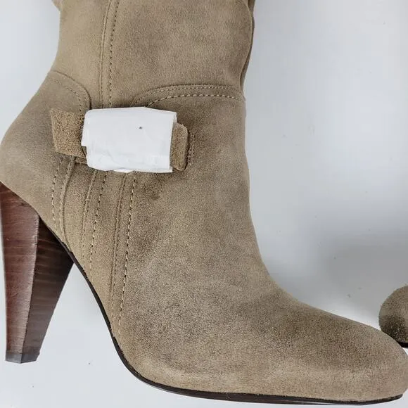 BCBGeneration Boots Womens 7.5 Tan Suede Leather Side Zip Cone Heel Buckle NEW