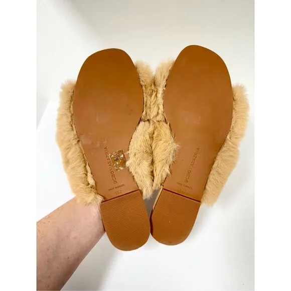 BCBGMAXAZRIA Womens Tan Thea Faux Fur Slip-On Slides Sandals Size 10