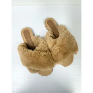 BCBGMAXAZRIA Womens Tan Thea Faux Fur Slip-On Slides Sandals Size 10
