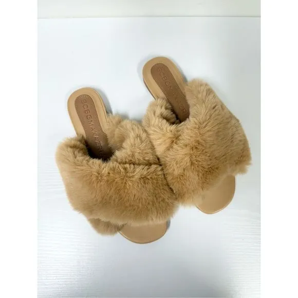 BCBGMAXAZRIA Womens Tan Thea Faux Fur Slip-On Slides Sandals Size 10
