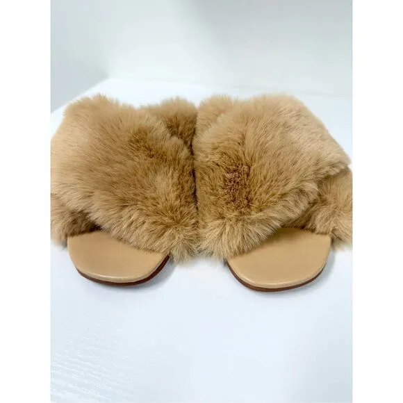 BCBGMAXAZRIA Womens Tan Thea Faux Fur Slip-On Slides Sandals Size 10