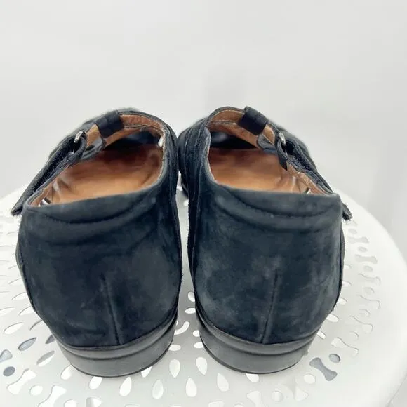BeautiFeel sandals 39 black suede leather low wedge fisherman hook and loop