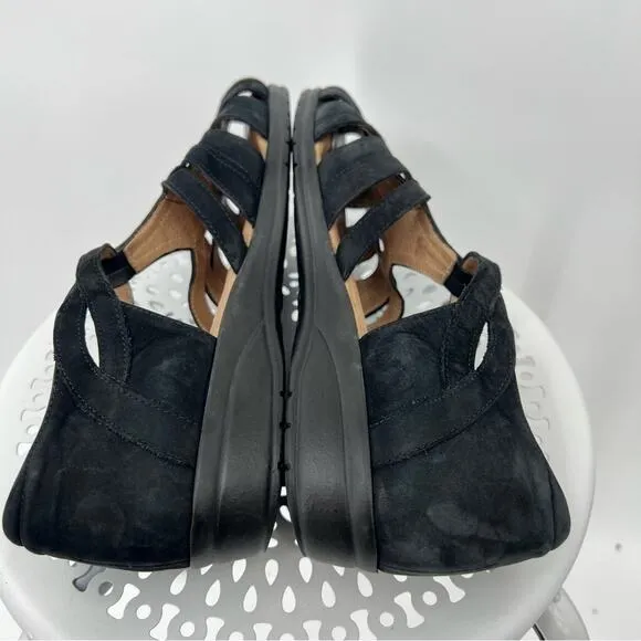 BeautiFeel sandals 39 black suede leather low wedge fisherman hook and loop