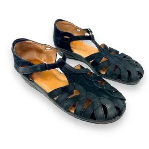 BeautiFeel sandals 39 black suede leather low wedge fisherman hook and loop