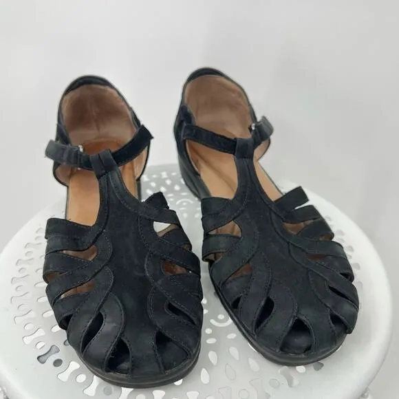 BeautiFeel sandals 39 black suede leather low wedge fisherman hook and loop