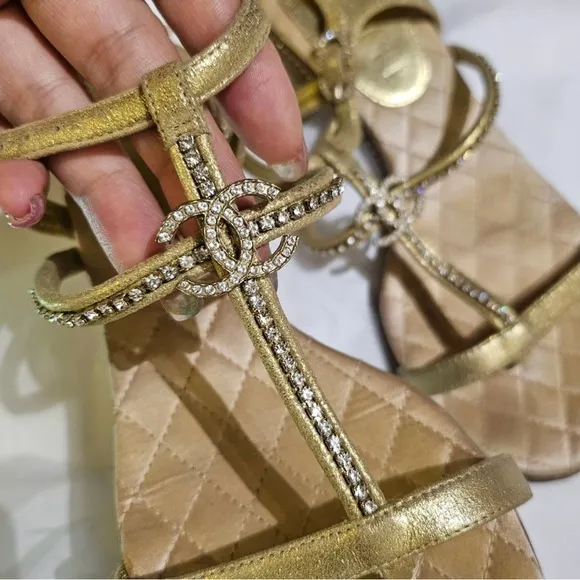 Beautiful Gold Chanel Sandals 35.5! Good condition with shoe bag!