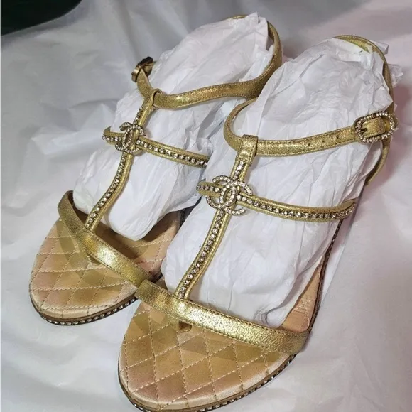 Beautiful Gold Chanel Sandals 35.5! Good condition with shoe bag!