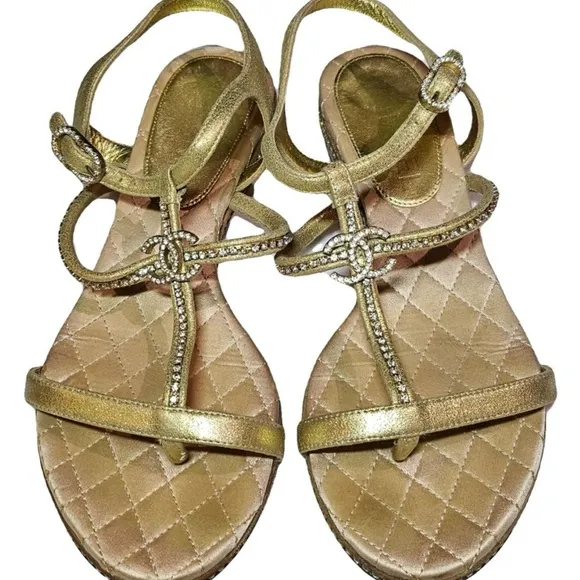 Beautiful Gold Chanel Sandals 35.5! Good condition with shoe bag!
