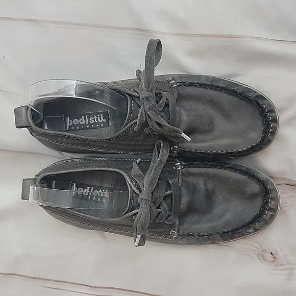 Bed Stu Mens Dark Grey Canvas Leather BedStu Boat Loafer Sneakers Size 8