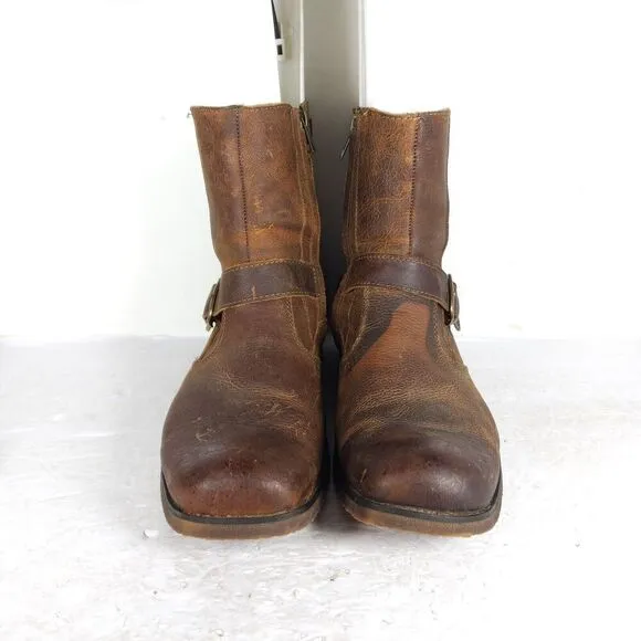 BED STU Men's US 10 Brown Distressed Leather Square Toe Side Zip Biker Boots