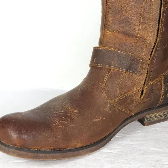 BED STU Men's US 10 Brown Distressed Leather Square Toe Side Zip Biker Boots