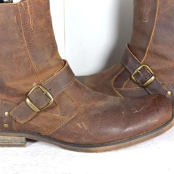 BED STU Men's US 10 Brown Distressed Leather Square Toe Side Zip Biker Boots