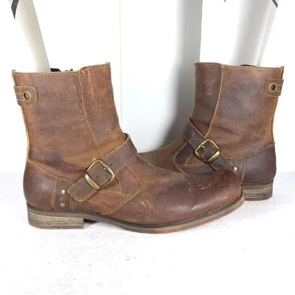 BED STU Men's US 10 Brown Distressed Leather Square Toe Side Zip Biker Boots