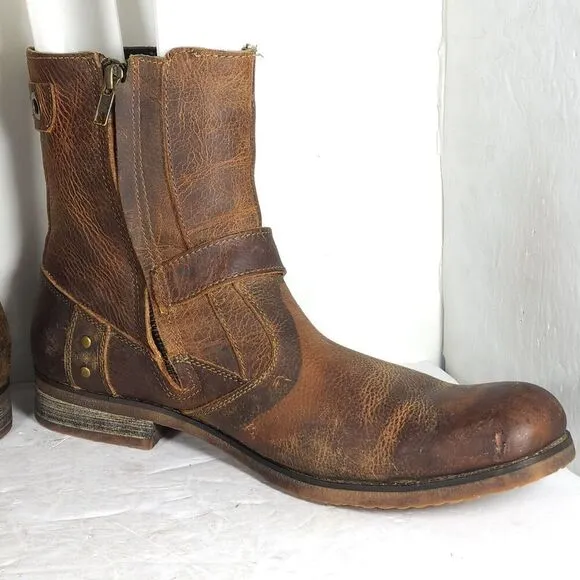 BED STU Men's US 10 Brown Distressed Leather Square Toe Side Zip Biker Boots