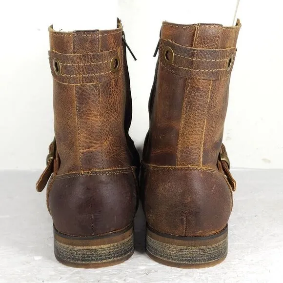 BED STU Men's US 10 Brown Distressed Leather Square Toe Side Zip Biker Boots