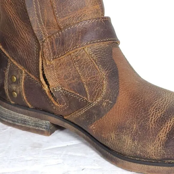 BED STU Men's US 10 Brown Distressed Leather Square Toe Side Zip Biker Boots