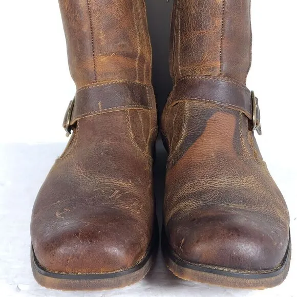 BED STU Men's US 10 Brown Distressed Leather Square Toe Side Zip Biker Boots