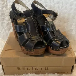 BED|STU Black Leather Wedge Sandals Women’s Size 9