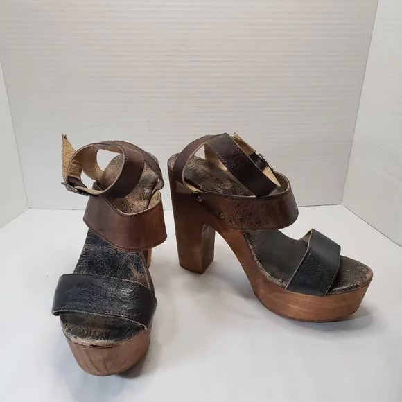 BedStu Marilyn Teak Rustic Leather Platform Sandals Size 9 Block Heels C…