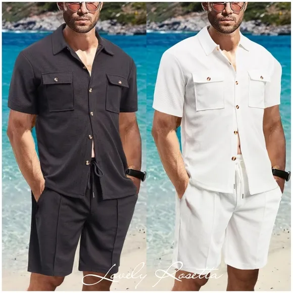 Beige Button Down Shirt and Shorts Set