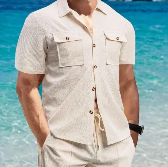 Beige Button Down Shirt and Shorts Set