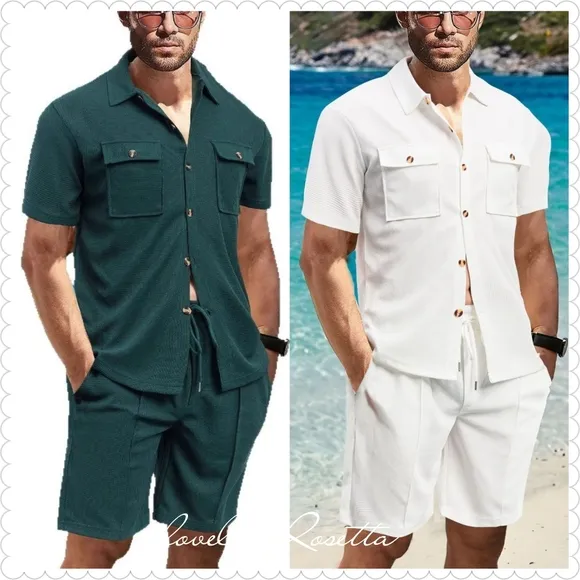 Beige Button Down Shirt and Shorts Set
