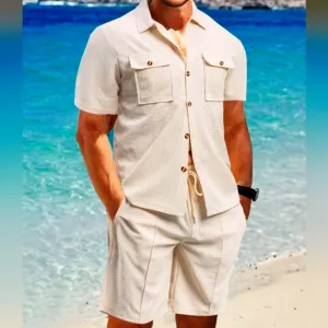 Beige Button Down Shirt and Shorts Set