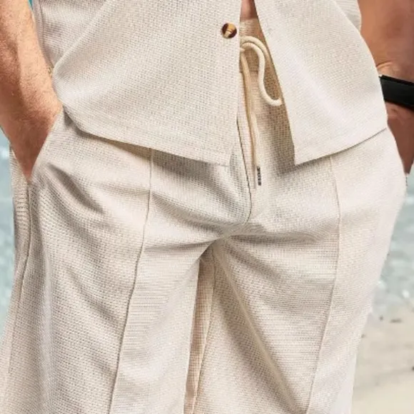 Beige Button Down Shirt and Shorts Set