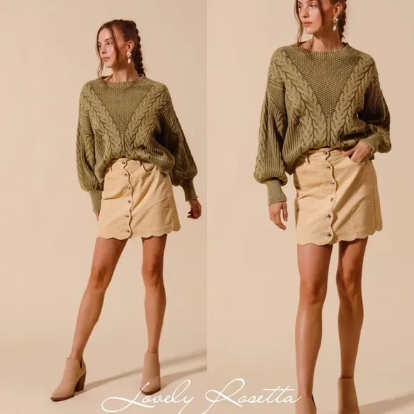 Beige Button-Front Corduroy Skirt