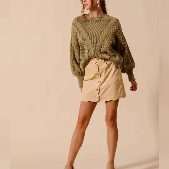 Beige Button-Front Corduroy Skirt