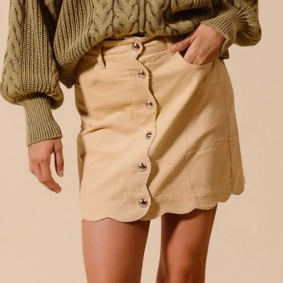 Beige Button-Front Corduroy Skirt