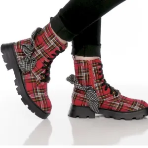 Betsey Johnson ROZEY Side Zip Lace Up Combat Boots with Checkered Print Sz 6.5