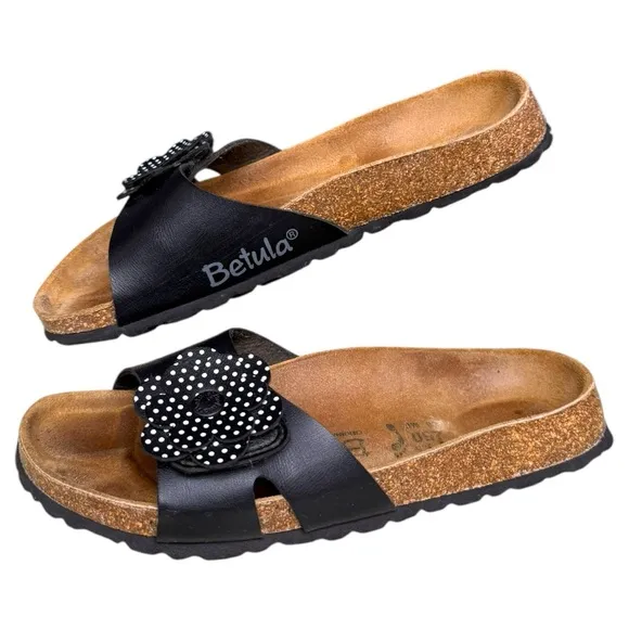Betula Black Polka Dot Flower Slide Sandals Size 8, Birkenstock Sandals