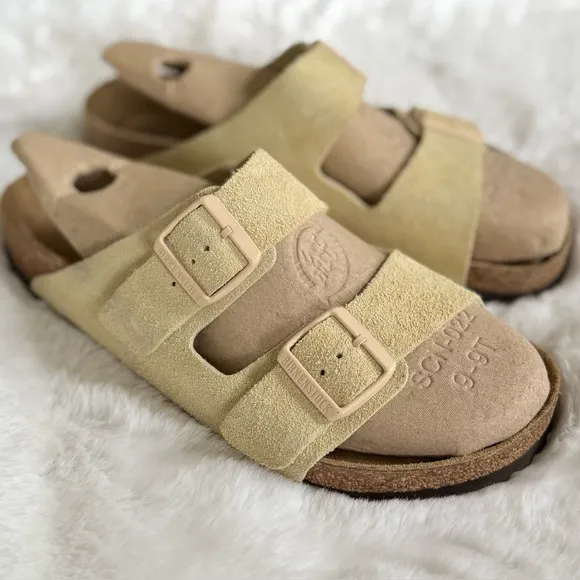 BIRKENSTOCK 41 Arizona Suede Soft Footbed Slides Sandals • Almond Faded Yellow