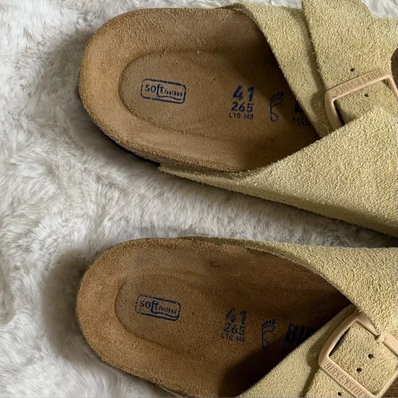 BIRKENSTOCK 41 Arizona Suede Soft Footbed Slides Sandals • Almond Faded Yellow