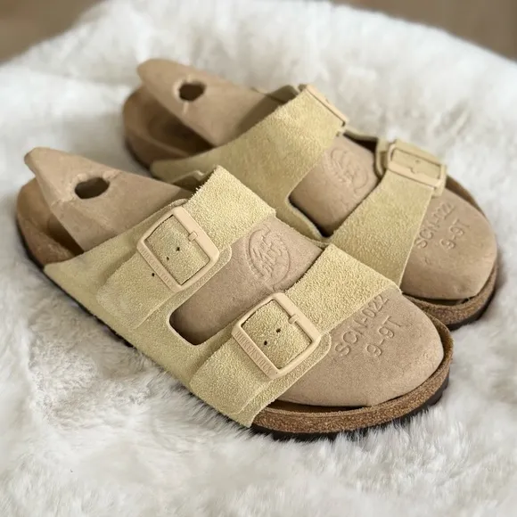 BIRKENSTOCK 41 Arizona Suede Soft Footbed Slides Sandals • Almond Faded Yellow