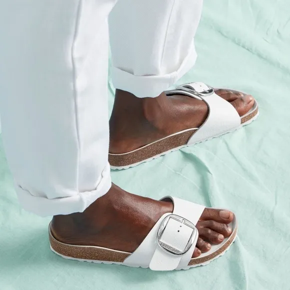 BIRKENSTOCK 41 Madrid Narrow Big Buckle Natural Leather Slides Sandals in White