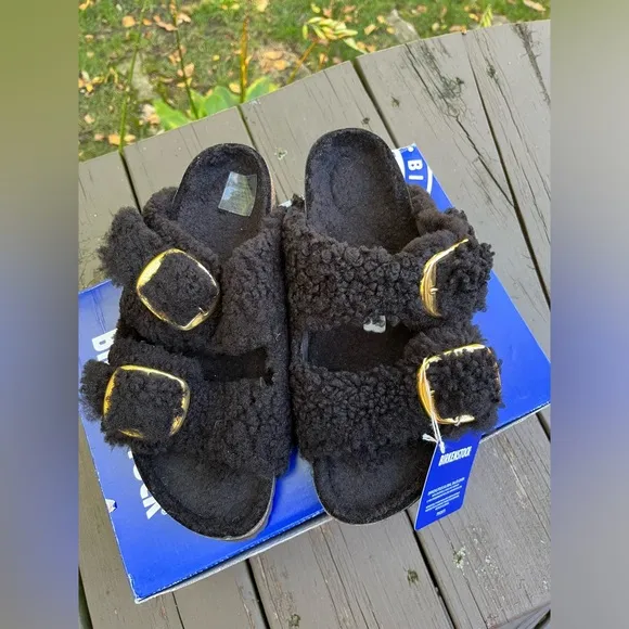 🖤BIRKENSTOCK ARIZONA BIG BUCKLE TEDDY SHEARLING SANDALS BLACK 9 40 NARROW