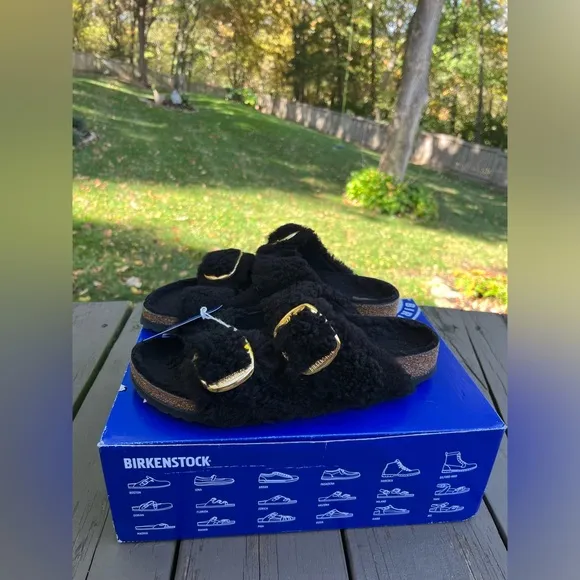 🖤BIRKENSTOCK ARIZONA BIG BUCKLE TEDDY SHEARLING SANDALS BLACK 9 40 NARROW