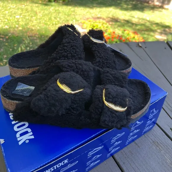 🖤BIRKENSTOCK ARIZONA BIG BUCKLE TEDDY SHEARLING SANDALS BLACK 9 40 NARROW