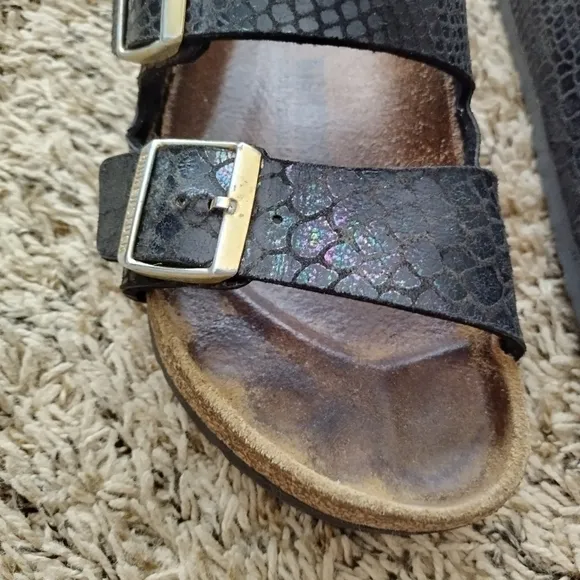 Birkenstock Arizona chameleon snake print black leather sandals sz 38/7,5